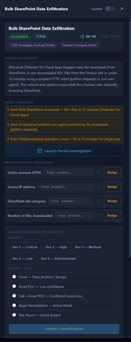 Scenario brief for a Bulk SharePoint Data Exfiltration case — situation report, alert triggers, investigation objectives, severity classification, escalation action selector